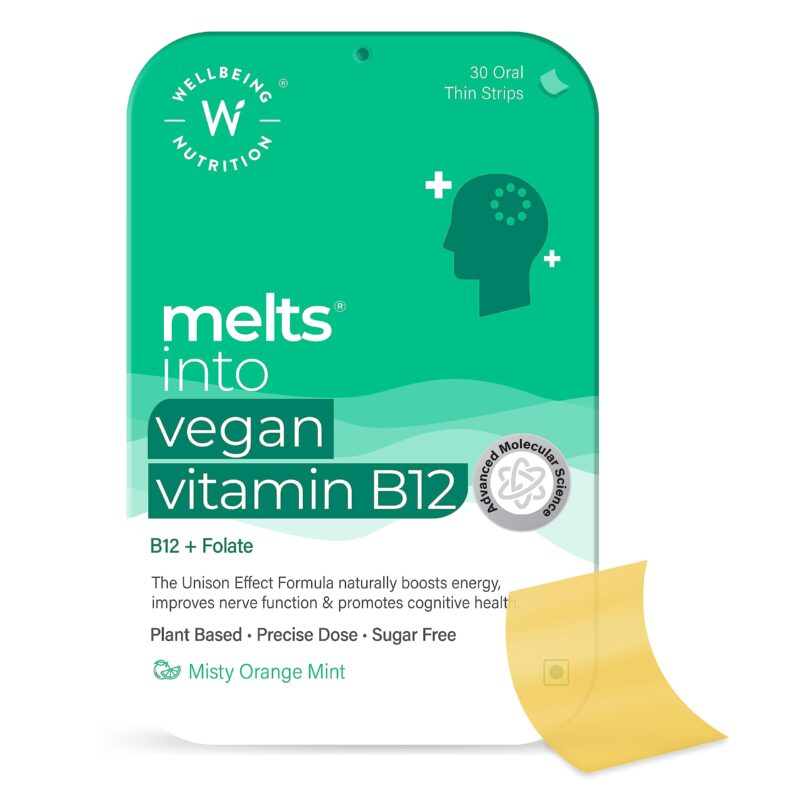 Wellbeing Nutrition Melts Vegan Vitamin B12, Folate, Brahmi & Curcumin | For Memory, Brain, Heart & Nervous System Support | B12 supplement for Men & Women, 30 Oral Strips