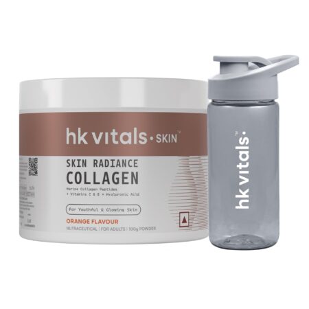 HealthKart hk vitals Marine Collagen Supplement (Orange, 100g) & Sipper Bottle (Grey, 300ml) | Combo Pack