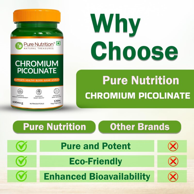 Pure Nutrition Chromium Picolinate (400mcg) - 120 Veg Capsules, | For Healthy Blood Sugar Level | Support Weight Management, Heart Health And Skin Health - Image 5