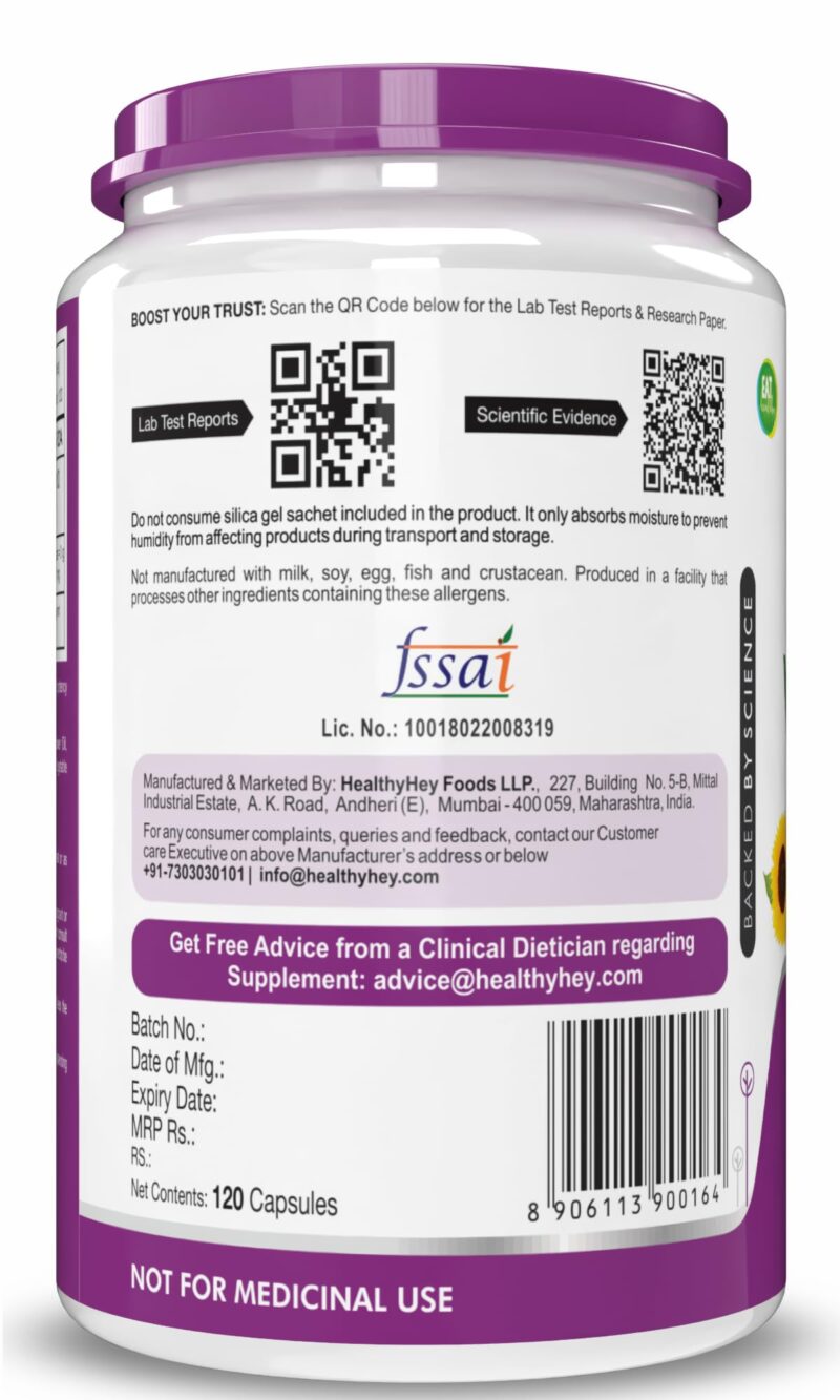 HealthyHey Vitamin E Capsules | Vitamin E for Skin & Hair | Sunflower - D-Alpha-Tocpherol -120 Veg Capsules - Image 2