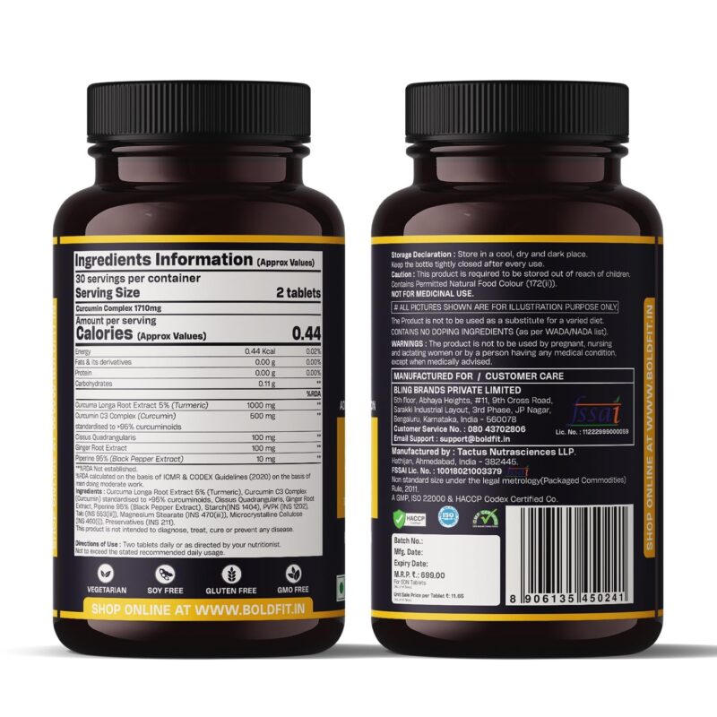 Boldfit Curcumin 1710mg Tablets with Turmeric Root Extract, Ginger, and 95% Piperine Plant-Based Supplement for Daily Wellness – 60 Count - Image 2