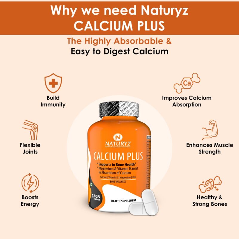 Naturyz Calcium Plus with Calcium Citrate, Vitamin D, Magnesium and Zinc Ideal Supplement for Bone Health & Joint Support of Men & Women - 120 Tablets - Image 5