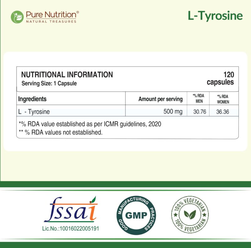 Pure Nutrition L Tyrosine (500mg), 120 Veg Capsules | Supports Cognitive Health, Memory, Focus & Brain Function | Reduces Stress & Fatigue | Promotes Thyroid Health - Image 7