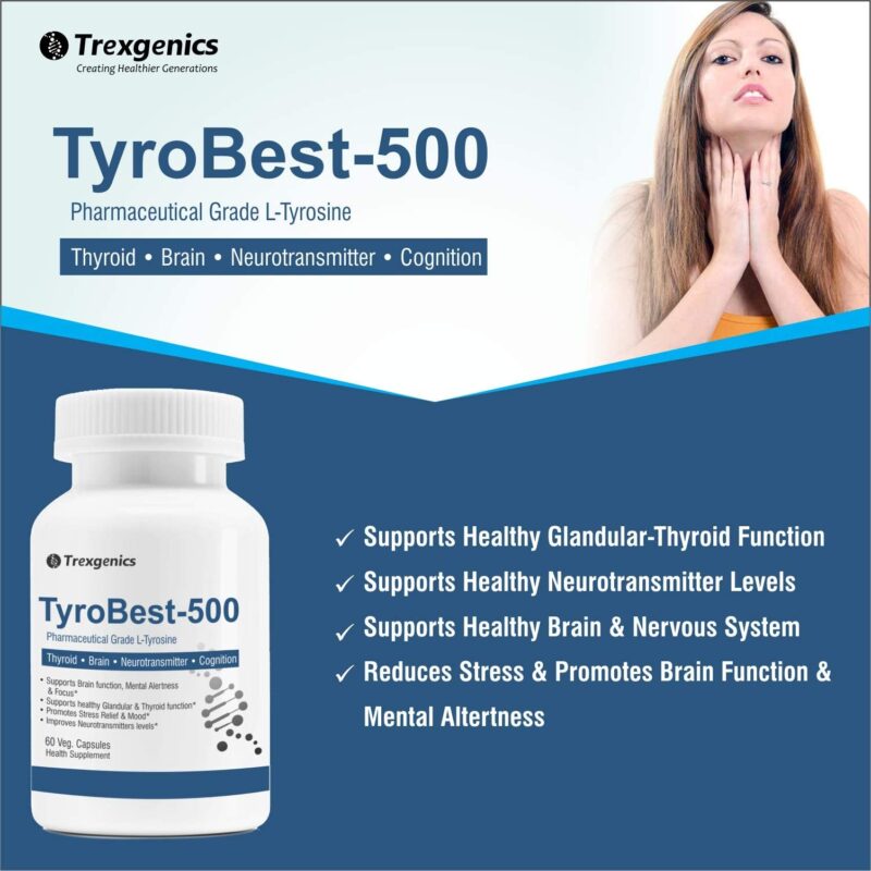 Trexgenics TyroBest-500 L-Tyrosine Pharmaceutical Grade - Thyroid, Stress, Neurotransmitter & Brain Function Support (60 Veg. Capsules) (1) - Image 3
