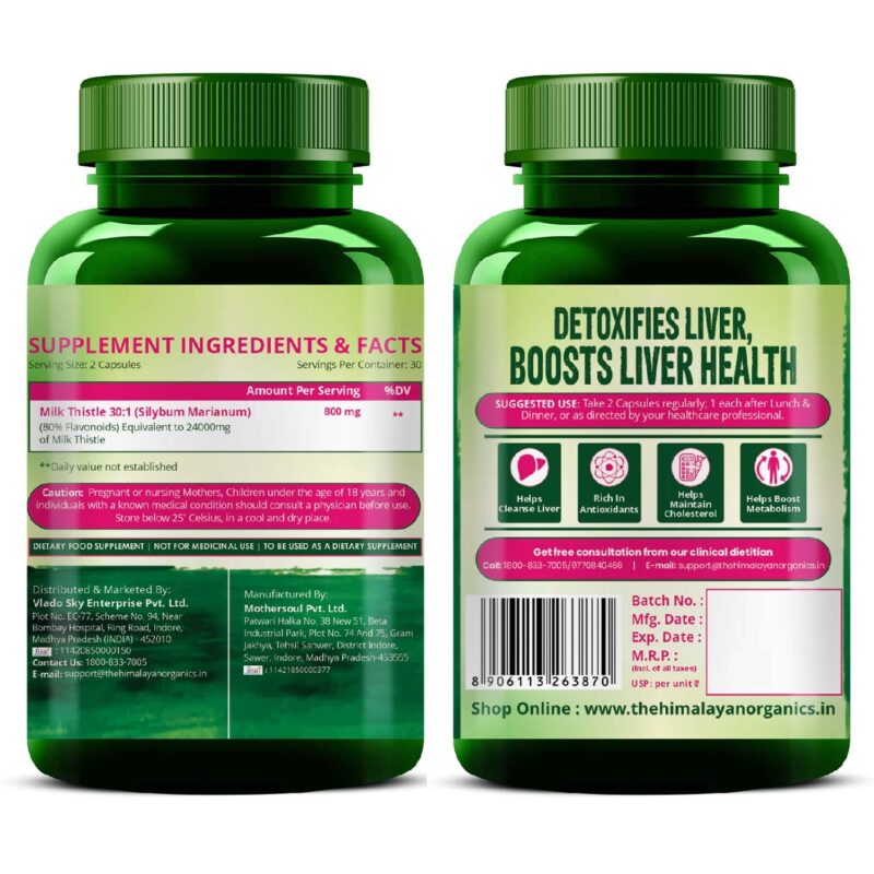 Vlado's HIMALAYAN ORGANICS Milk Thistle Extract With 800Mg Of Silybum Marianum Detox Supplement For Men And Women For Healthy Liver | Boost Metabolism And Maintain Cholesterol level - 60 Vegetarian Capsules - Image 2