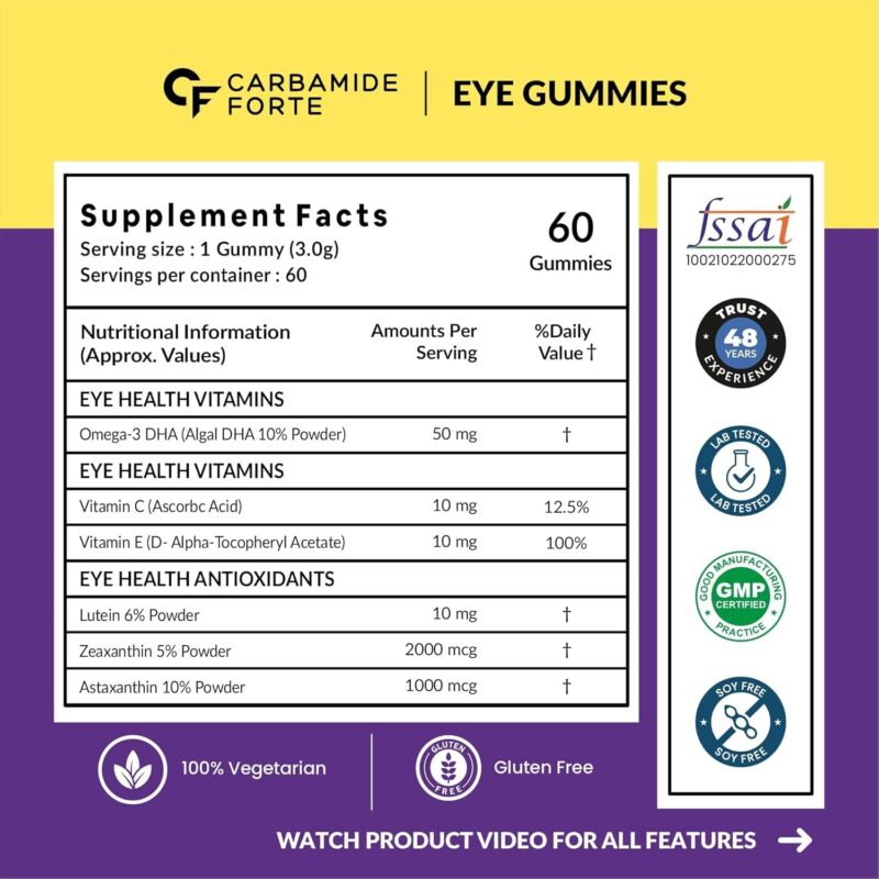 Carbamide Forte Eye Supplement Gummies | Lutein and Zeaxanthin Supplements For Women & Men | Lutein 10mg, Zeaxanthin 2mg & Astaxanthin 2mg | Eye Supplements to Improve Vision | 60 Veg Eye Gummies - Image 9