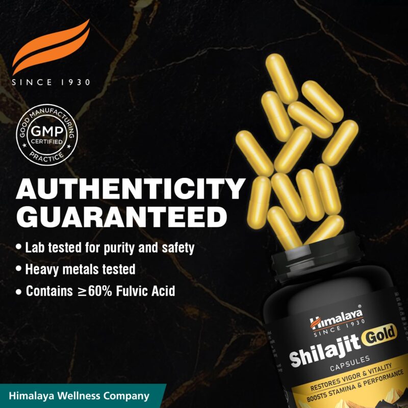 Himalaya Shilajit/Shilajeet Gold Capsules | 100% Pure Himalayan Shilajit + 24 Carat Gold | 20 Capsules | Restores Vigor and Vitality | Boosts Stamina and Performance - Image 2