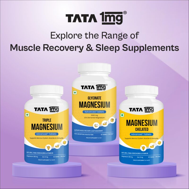 Tata 1mg Magnesium Glycinate Tablets | High Absorption Chelated form for Muscle Recovery, Sleep & Nerve Health | 2000mg Per Serving – 60 Veg Tablets - Image 2