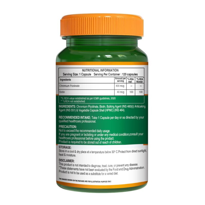 Pure Nutrition Chromium Picolinate (400mcg) - 120 Veg Capsules, | For Healthy Blood Sugar Level | Support Weight Management, Heart Health And Skin Health - Image 3