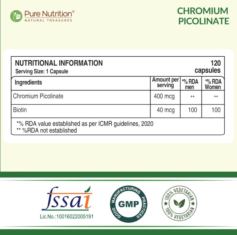 Pure Nutrition Chromium Picolinate (400mcg) - 120 Veg Capsules, | For Healthy Blood Sugar Level | Support Weight Management, Heart Health And Skin Health - Image 8