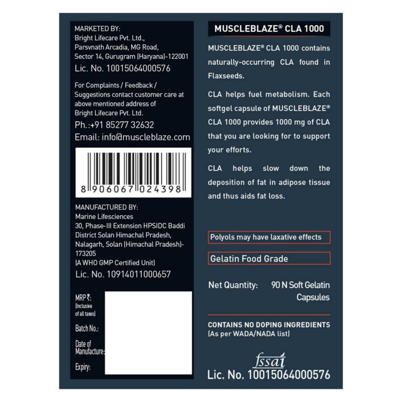 MuscleBlaze CLA 1000 (90 Softgel Capsules) | Fat Burner, Supports Weight Loss | Fuels Metabolism - Image 4