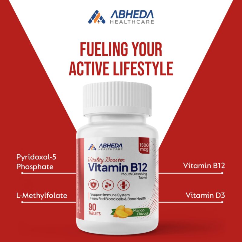 ABHEDA HEALTHCARE Vitamin B12 1500mcg Tablets - Fast Absorbing Mouth Dissolving Supplement - Delicious Mango Flavor - 90 Count - High Potency for Energy, Metabolism & Immune Support - Image 7