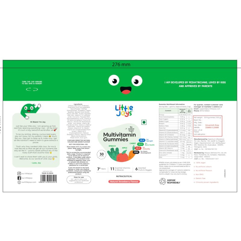 Little Joys Multivitamin Gummies | 7-12 Years |With 11 Vitamins & Minerals | 30 Day pack | Improves Immunity, Bone health & Antibody Production | No Added Sugar | Strawberry Flavour - Image 2