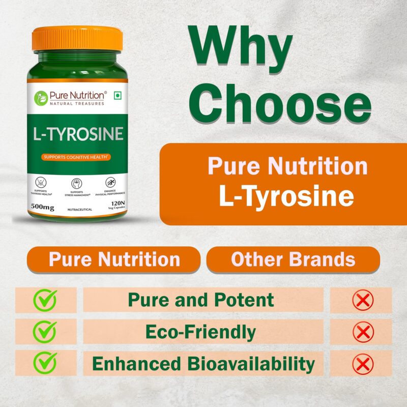 Pure Nutrition L Tyrosine (500mg), 120 Veg Capsules | Supports Cognitive Health, Memory, Focus & Brain Function | Reduces Stress & Fatigue | Promotes Thyroid Health - Image 4