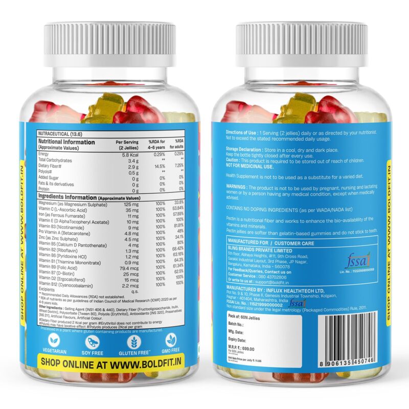 Boldfit Multivitamin Gummies for Kids Contains Vitamins C,E,B1, B2,B6,B7, and Magnesium Supports Immunity, Energy, and Bone Health -60 Multiflavor Gummies - Image 2