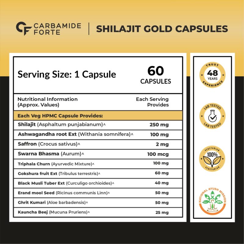 Carbamide Forte Shilajit Gold Capsules For Men With Swarna Bhasma,Gokshura,Ashwagandha | Himalayan Shilajit For Men | Shilajeet Gold Original | Shilajeet Capsule | 60 Veg Shilajit Capsules - Image 11